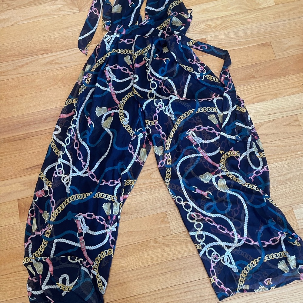 Fashion Nova Chain Print Jumpsuit - Navy and Gold